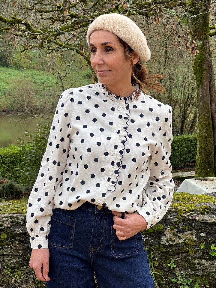 Chemise écru jabot à pois marine CLARISSE