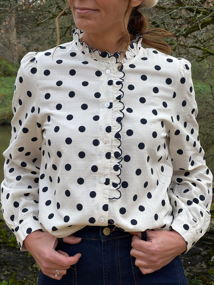 Chemise écru jabot à pois marine CLARISSE