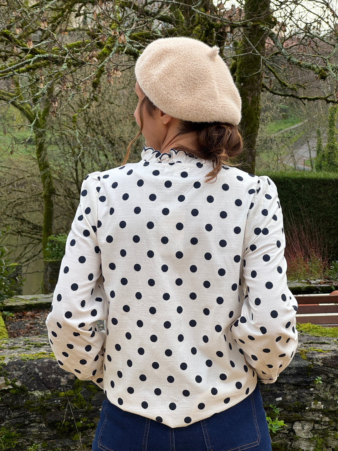 Chemise écru jabot à pois marine CLARISSE