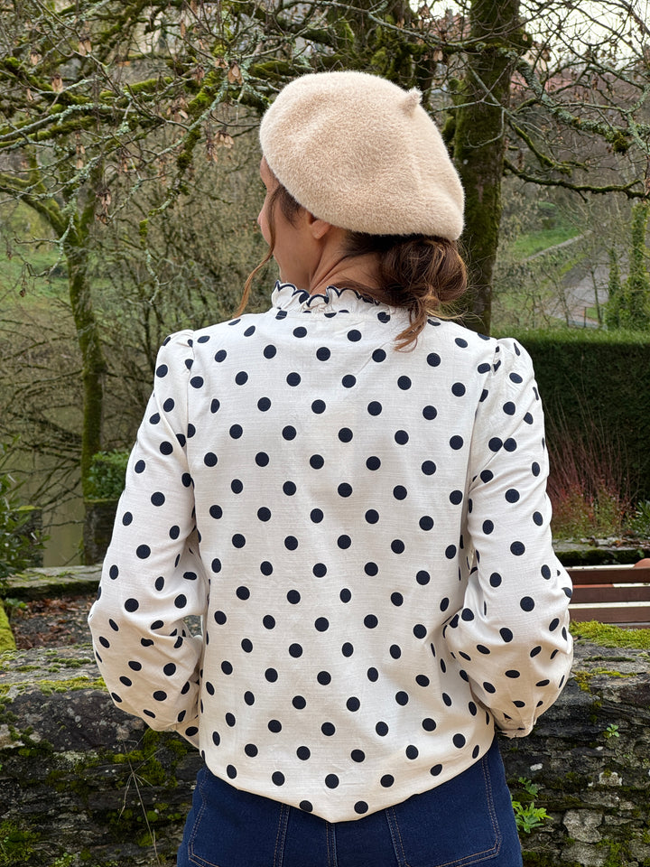 Chemise écru jabot à pois marine CLARISSE