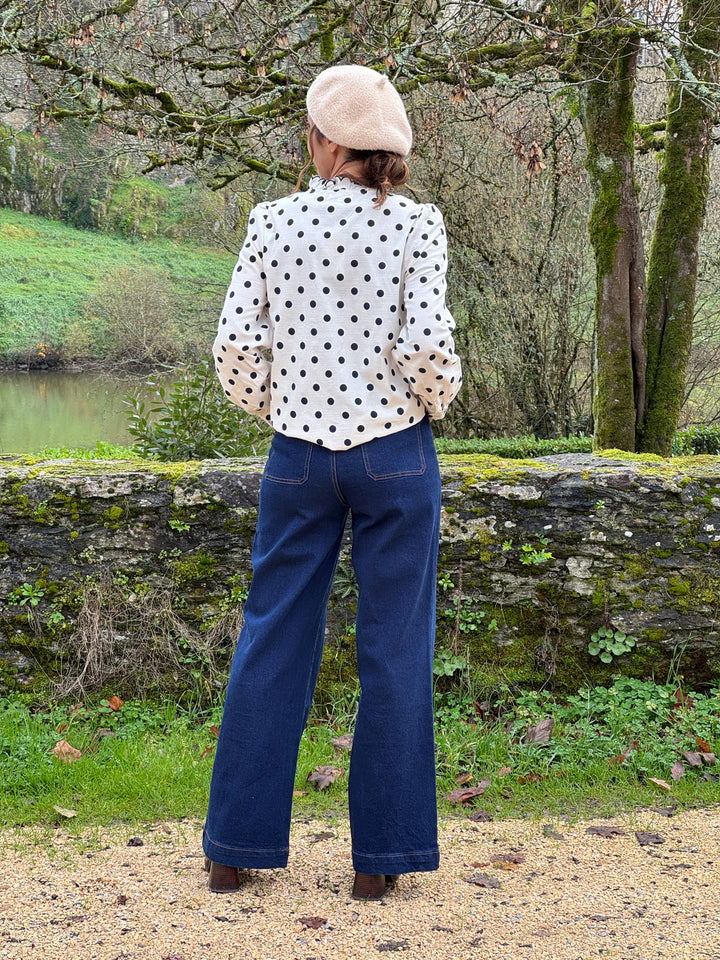 Chemise écru jabot à pois marine CLARISSE