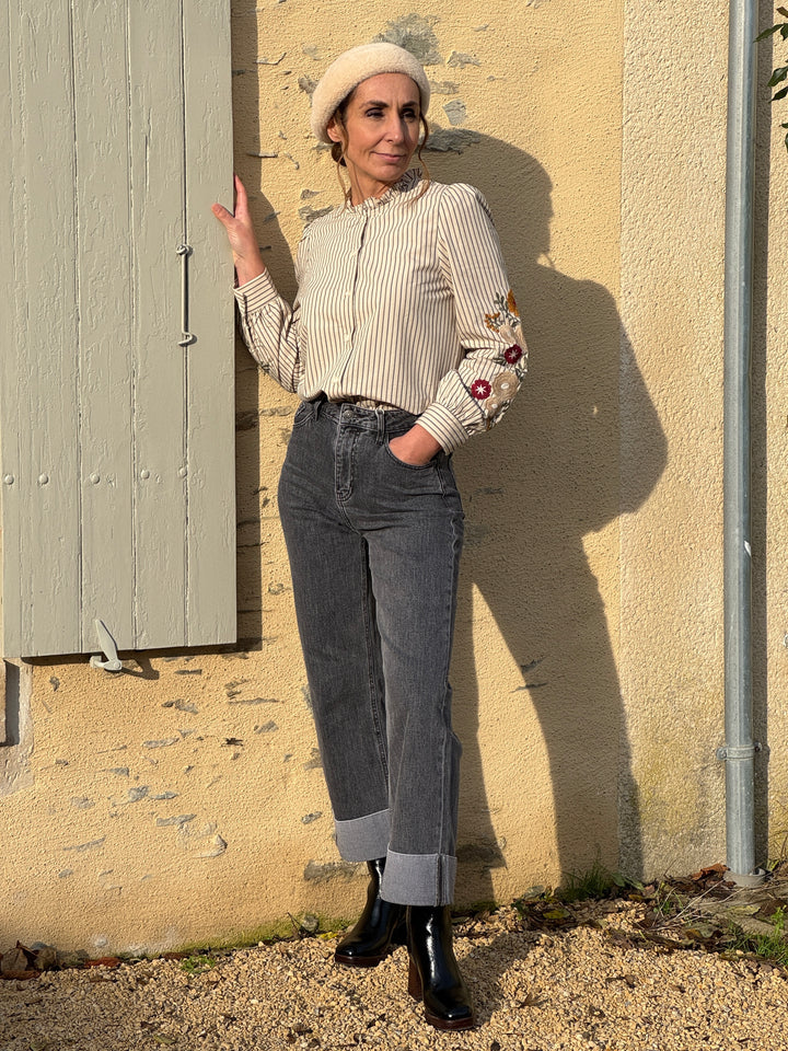 Chemise beige rayures tennis et col froufrou ANOUCK