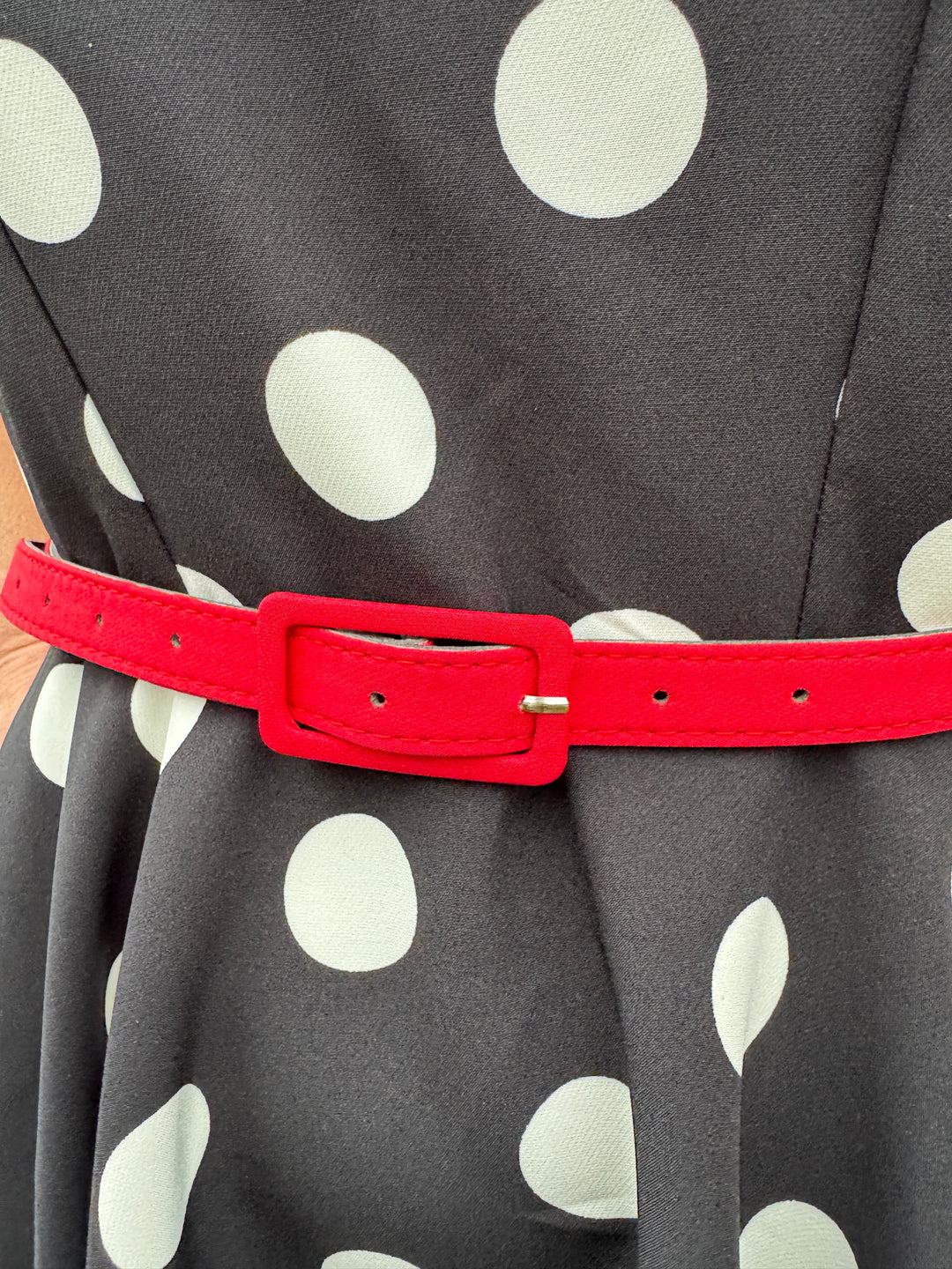 black and white polka dot dress with red belt Black Vintage Halter 50s 60s White Polka Dots Swing Party Dress With Red Belt