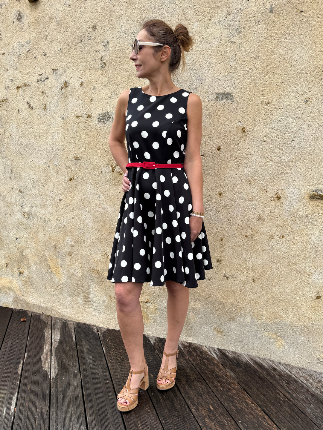 black dress with red dots Polka dots, red heels and a soft reminder to take up space gracefully, Dress is from @picknpayclothing , #over40 #over40styleblogger #polkadots