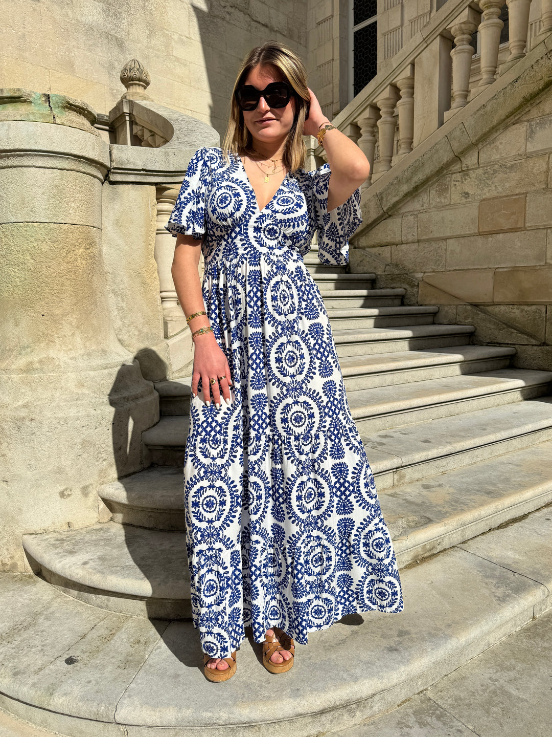 CALISTA Royal Blue Printed White Long Dress In April 1986