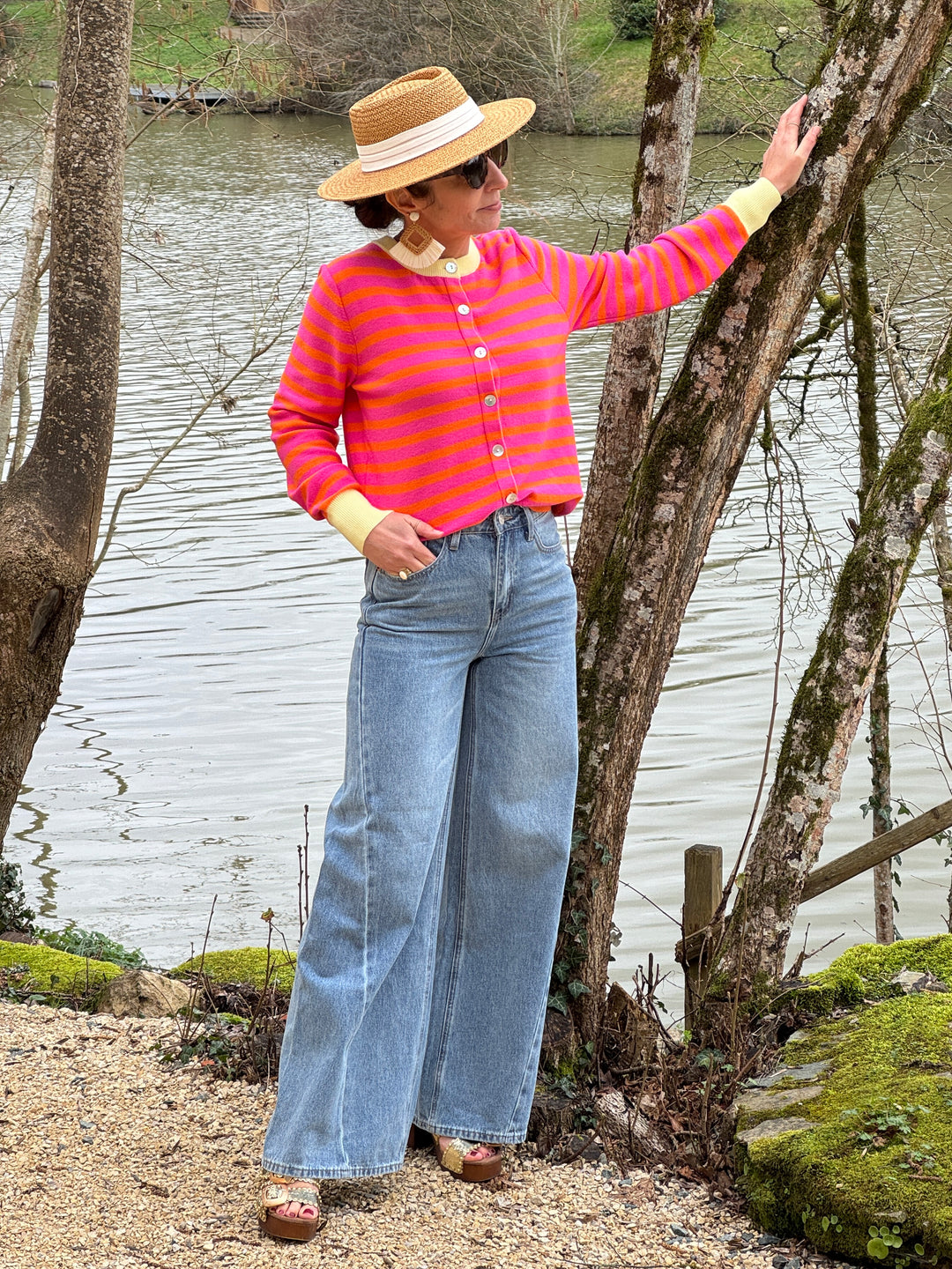 Gilet rayures fuchsia fond orange col beige LUCILE