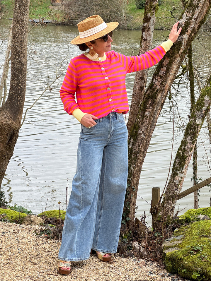 Gilet rayures fuchsia fond orange col beige LUCILE