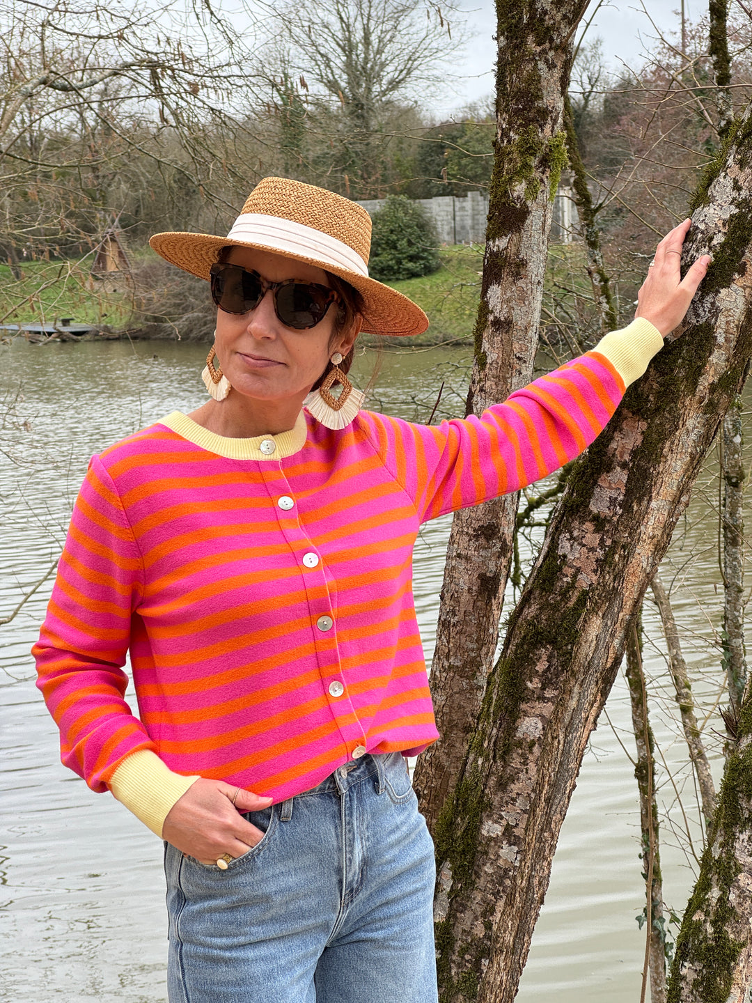 Gilet rayures fuchsia fond orange col beige LUCILE