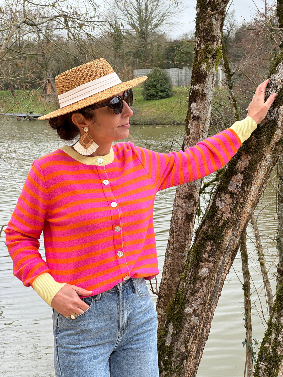 Gilet rayures fuchsia fond orange col beige LUCILE