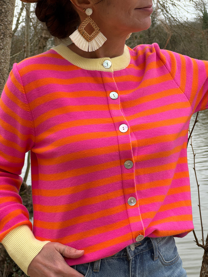 Gilet rayures fuchsia fond orange col beige LUCILE