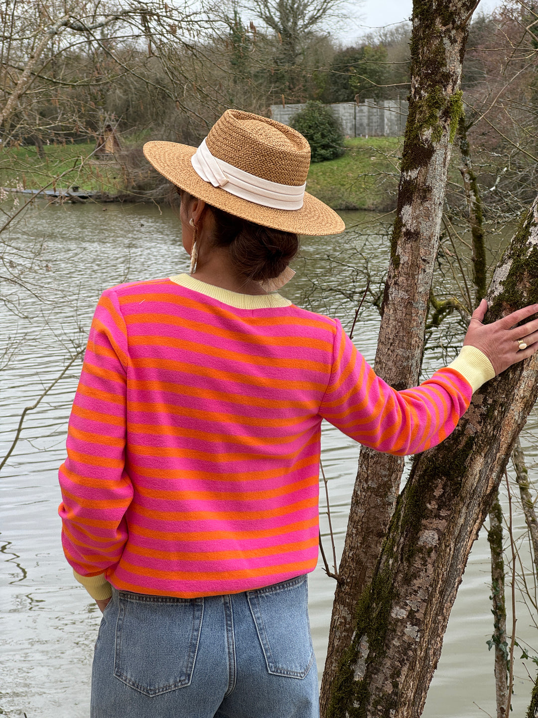 Gilet rayures fuchsia fond orange col beige LUCILE