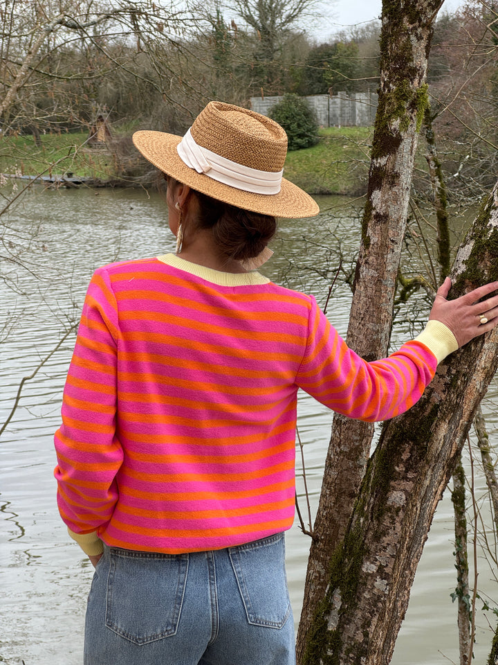 Gilet rayures fuchsia fond orange col beige LUCILE