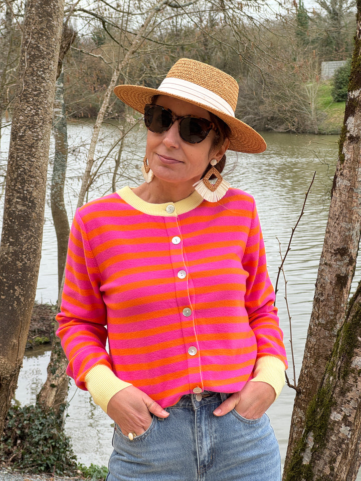 Gilet rayures fuchsia fond orange col beige LUCILE