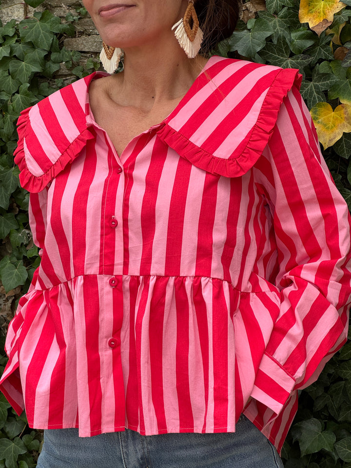 Chemise rayures rouges col claudine froufrou SIDONIE