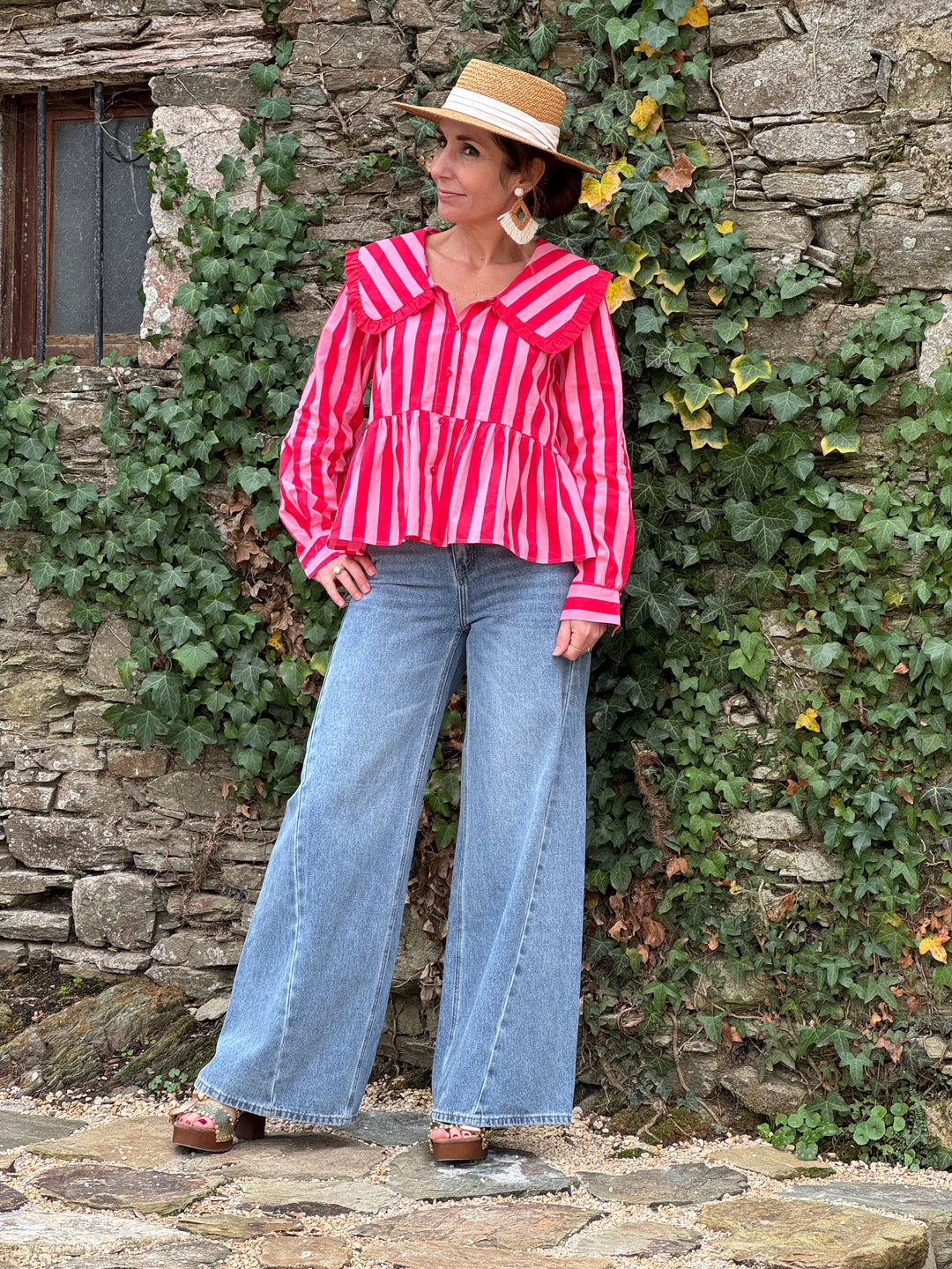 Chemise rayures rouges col claudine froufrou SIDONIE