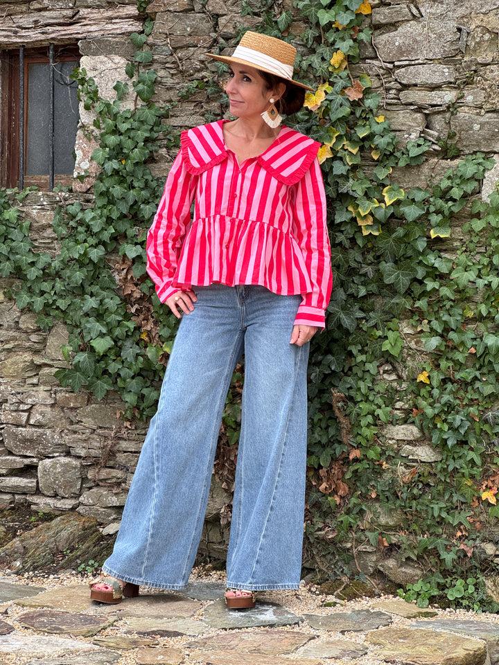 Chemise rayures rouges col claudine froufrou SIDONIE