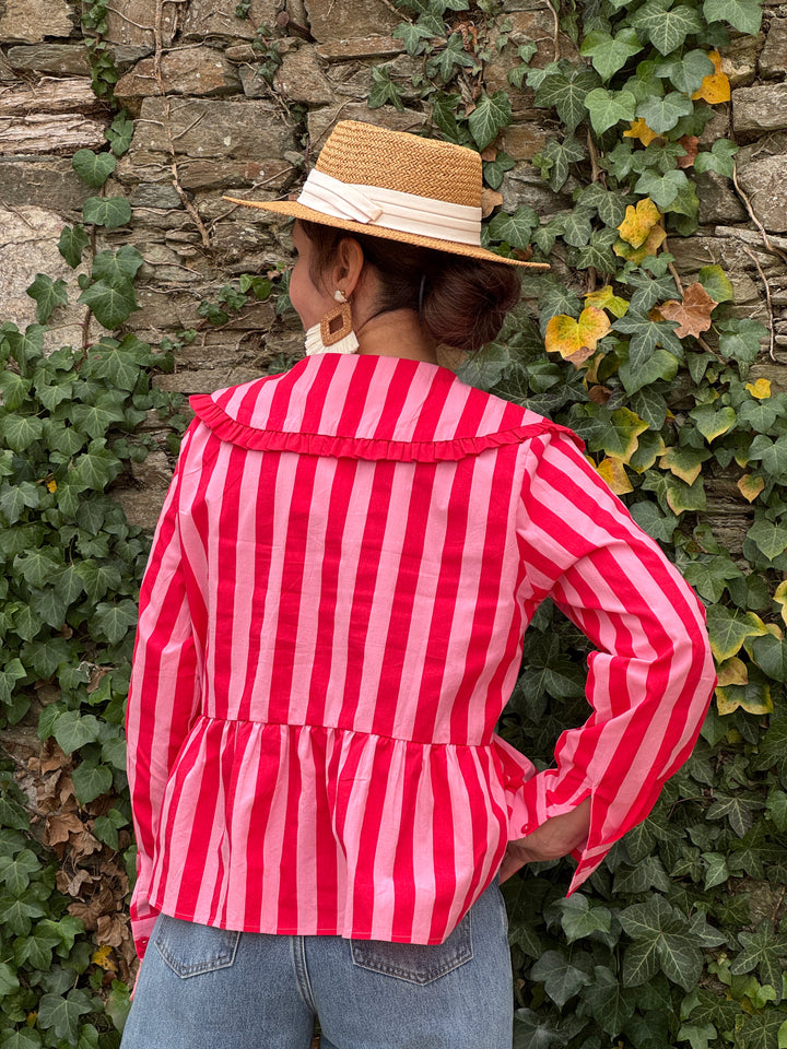 Chemise rayures rouges col claudine froufrou SIDONIE