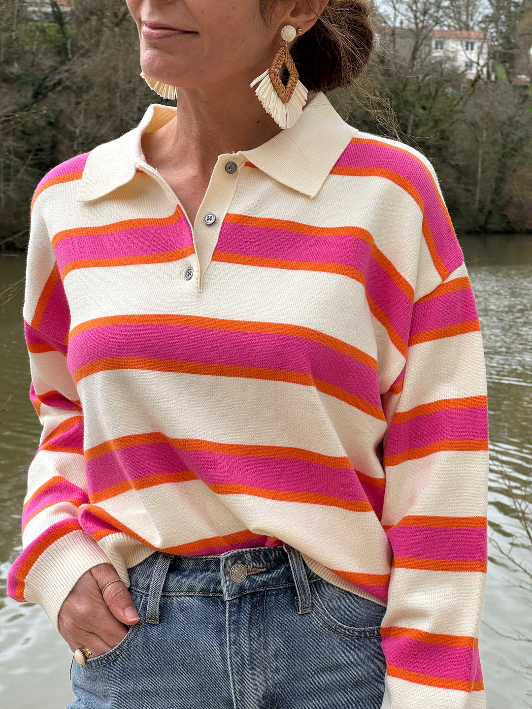 Polo rayures fuchsia orange fond beige MAUD