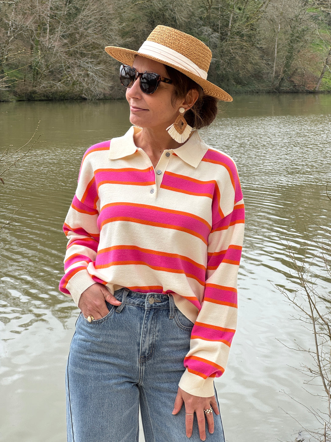 Polo rayures fuchsia orange fond beige MAUD