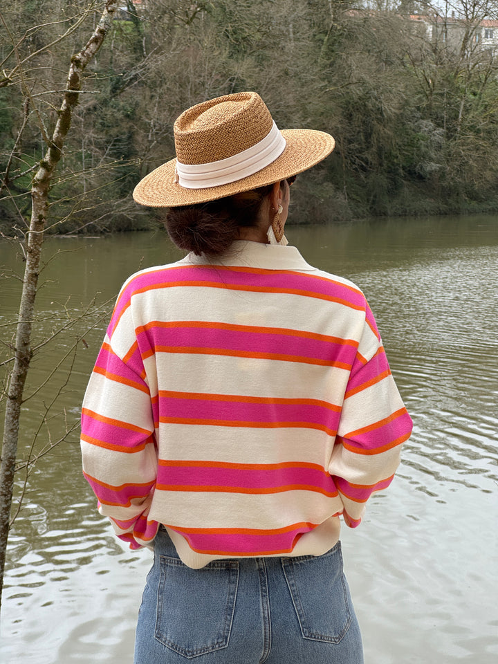 Polo rayures fuchsia orange fond beige MAUD