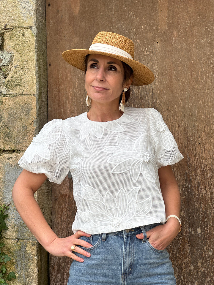 Top blanc broderie florale SAONA