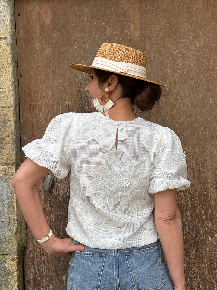 Top blanc broderie florale SAONA