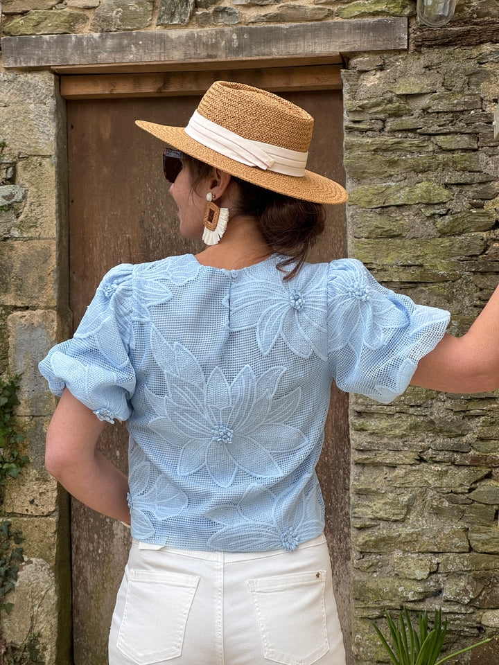 Top bleu broderie florale SAONA