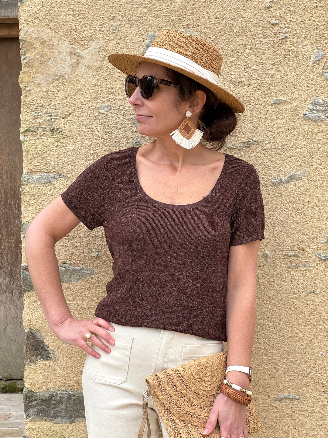 Tee‑shirt marron fil métallique bronze MISHAN La Petite Étoile