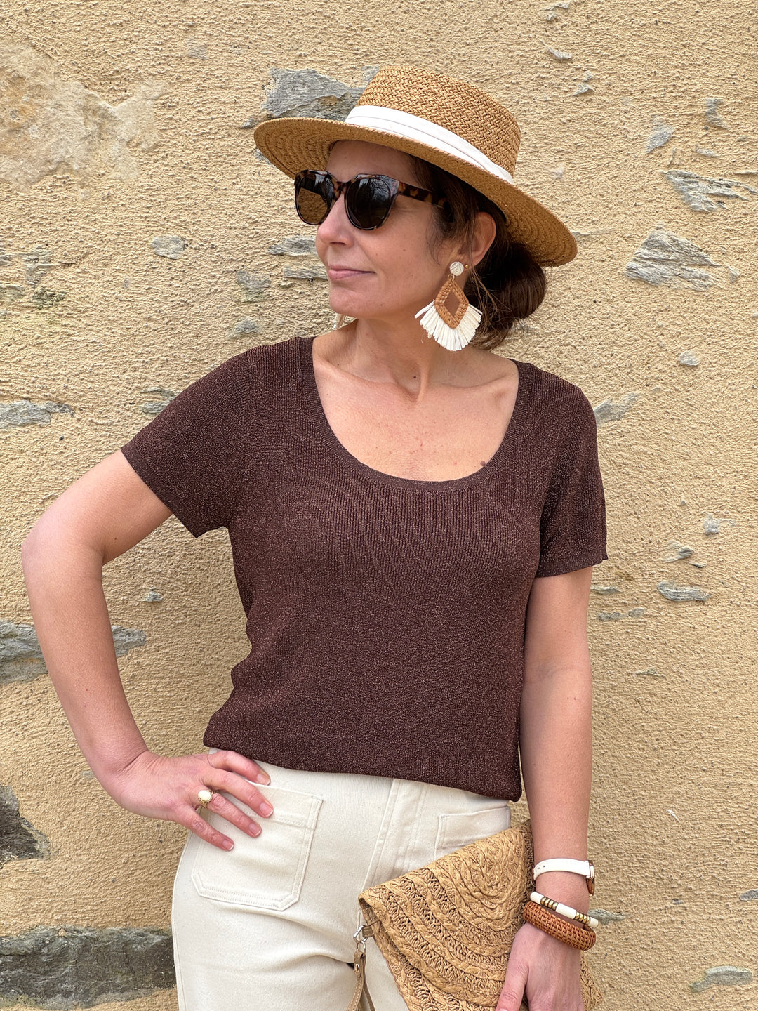 Tee‑shirt marron fil métallique bronze MISHAN La Petite Étoile