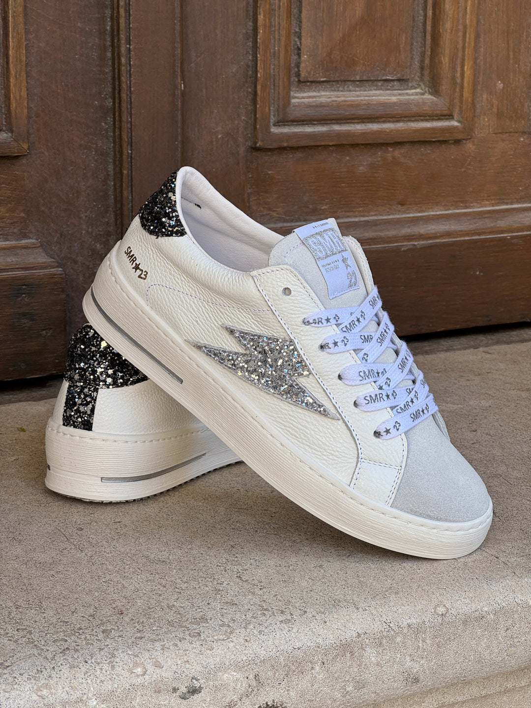 Basket blanc paillettes argentées et noires MAYA C782 Semerdjian