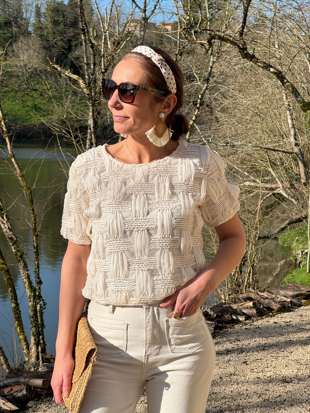 Top beige broderie quadrillage ALBA