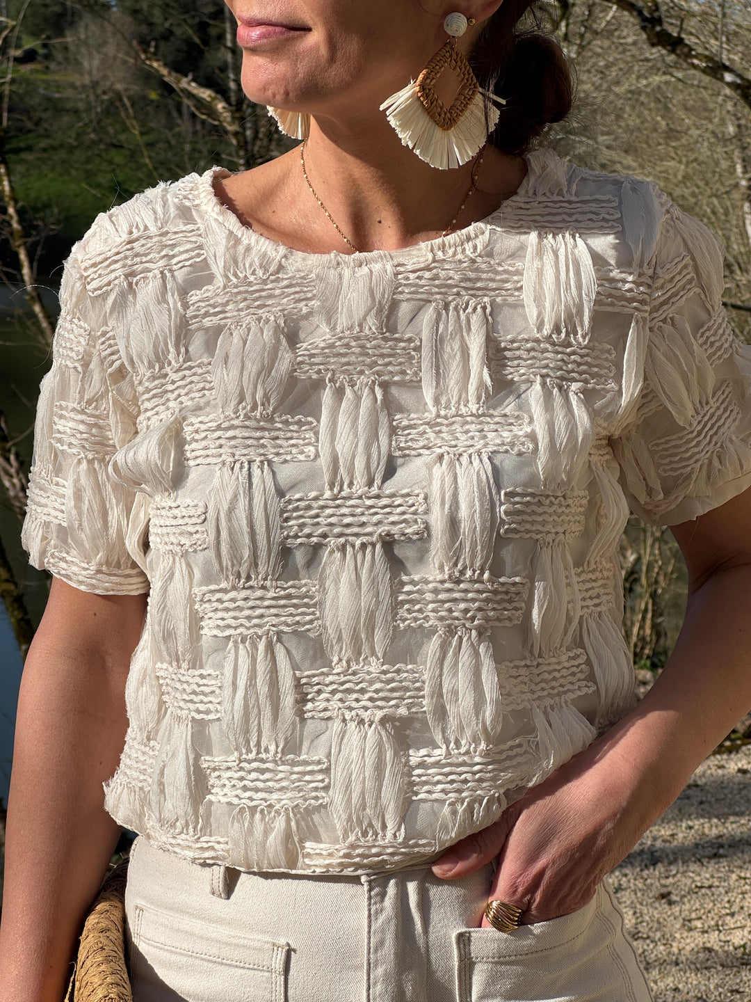 Top beige broderie quadrillage ALBA