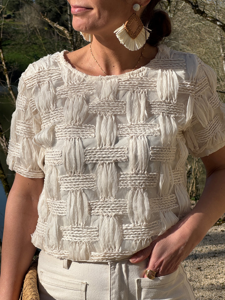 Top beige broderie quadrillage ALBA