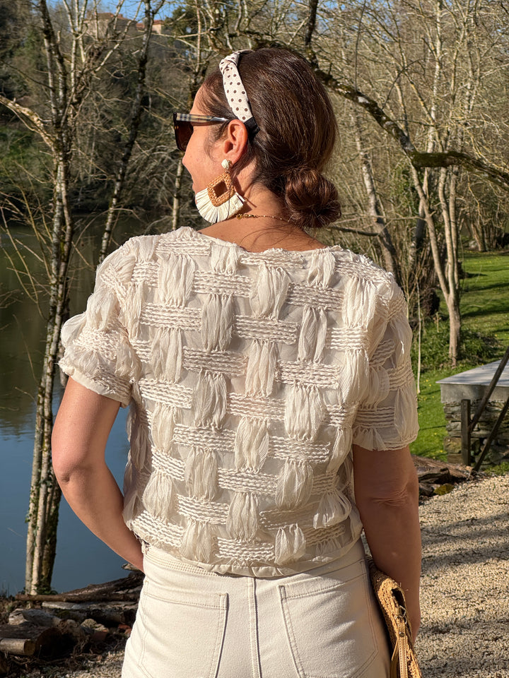 Top beige broderie quadrillage ALBA