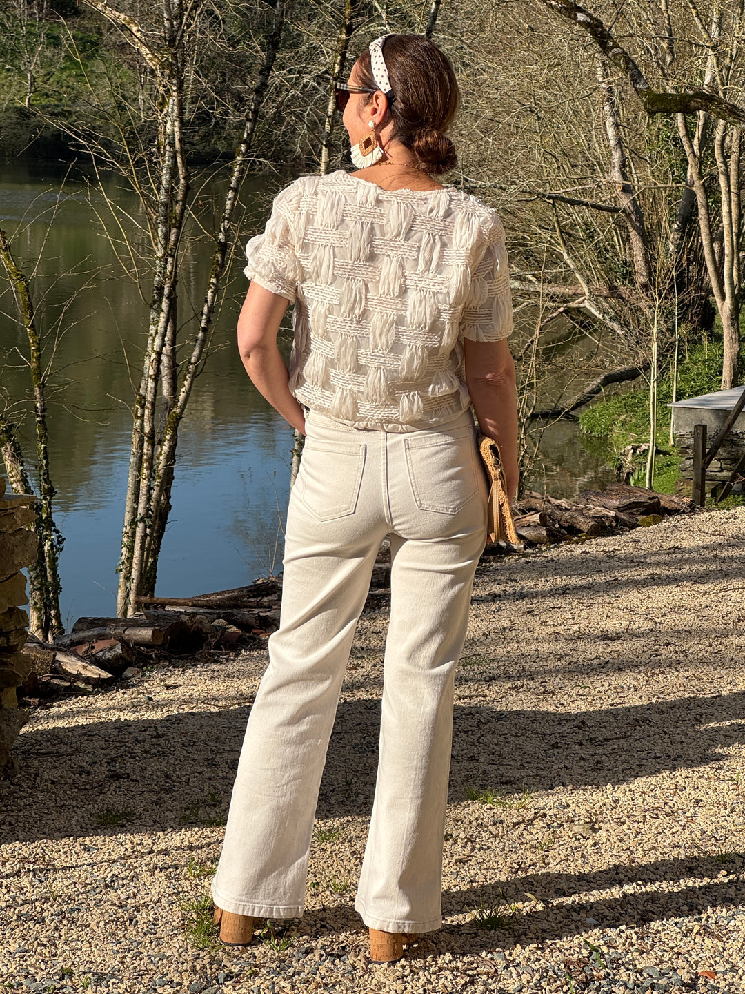 Top beige broderie quadrillage ALBA