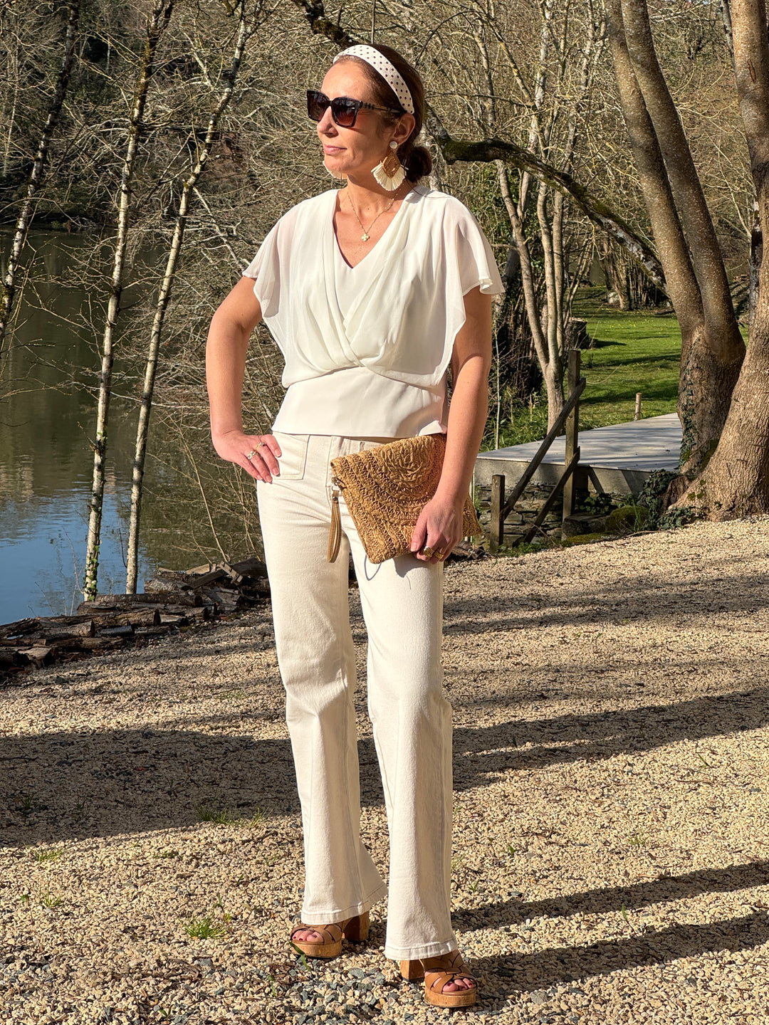 Top écru drapé croisé volant NOA