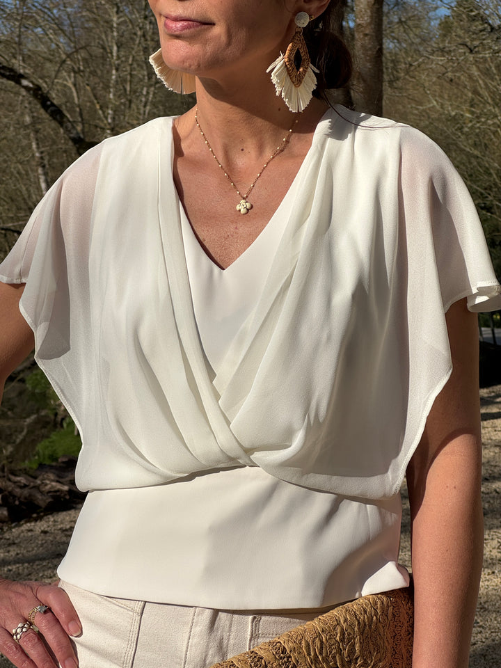 Top écru drapé croisé volant NOA