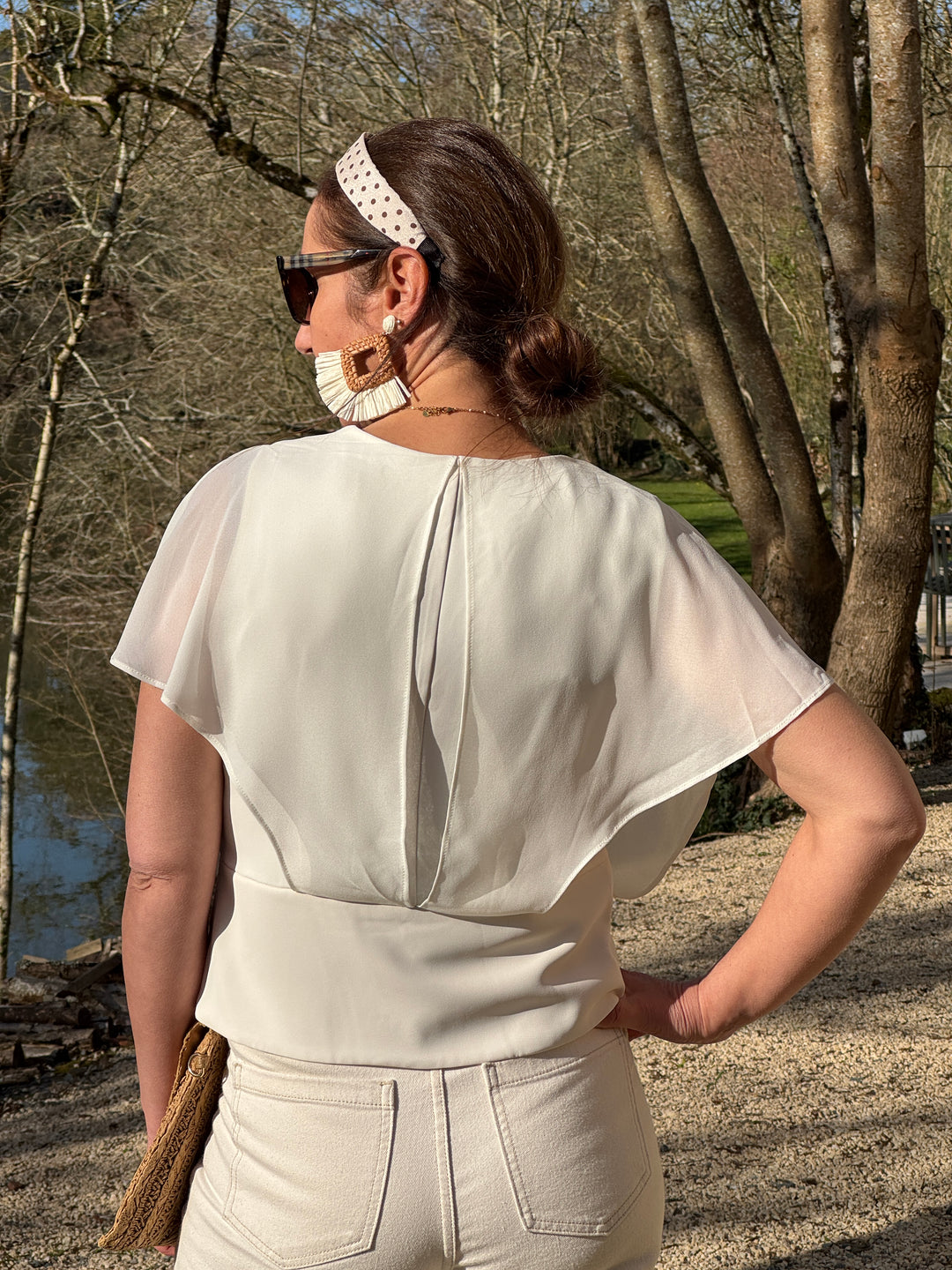 Top écru drapé croisé volant NOA