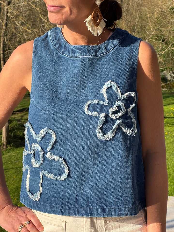 Top bleu jean broderie florale AGNES