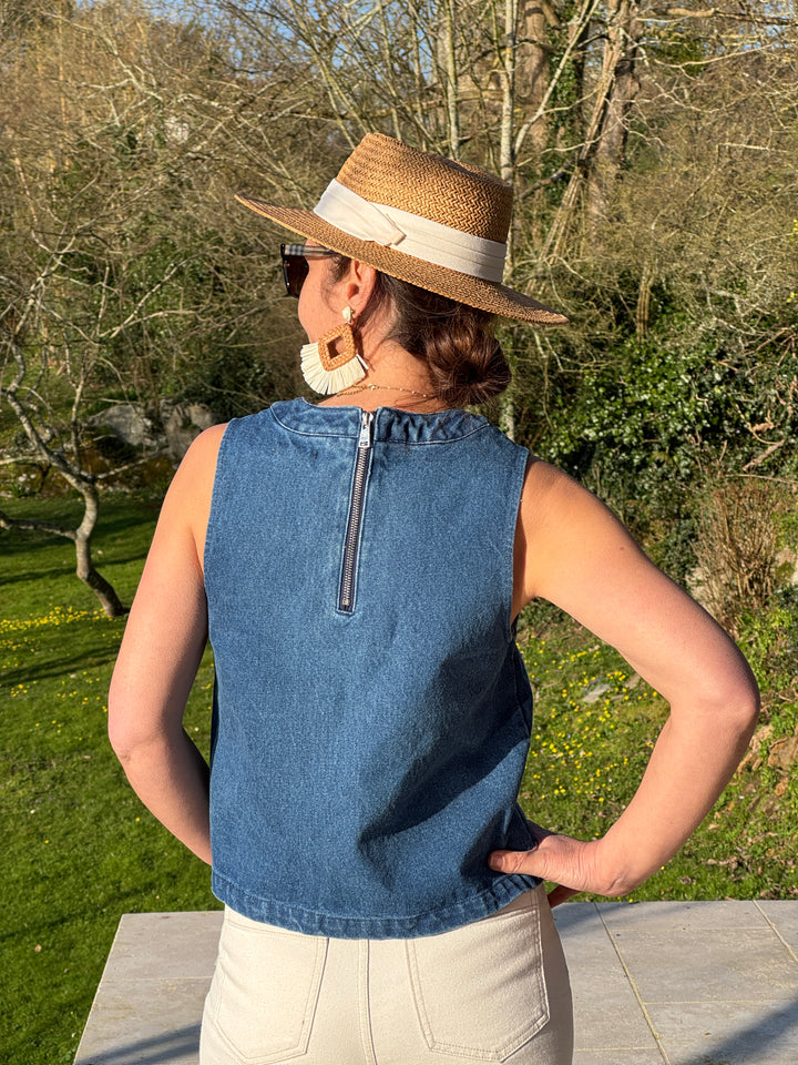 Top bleu jean broderie florale AGNES
