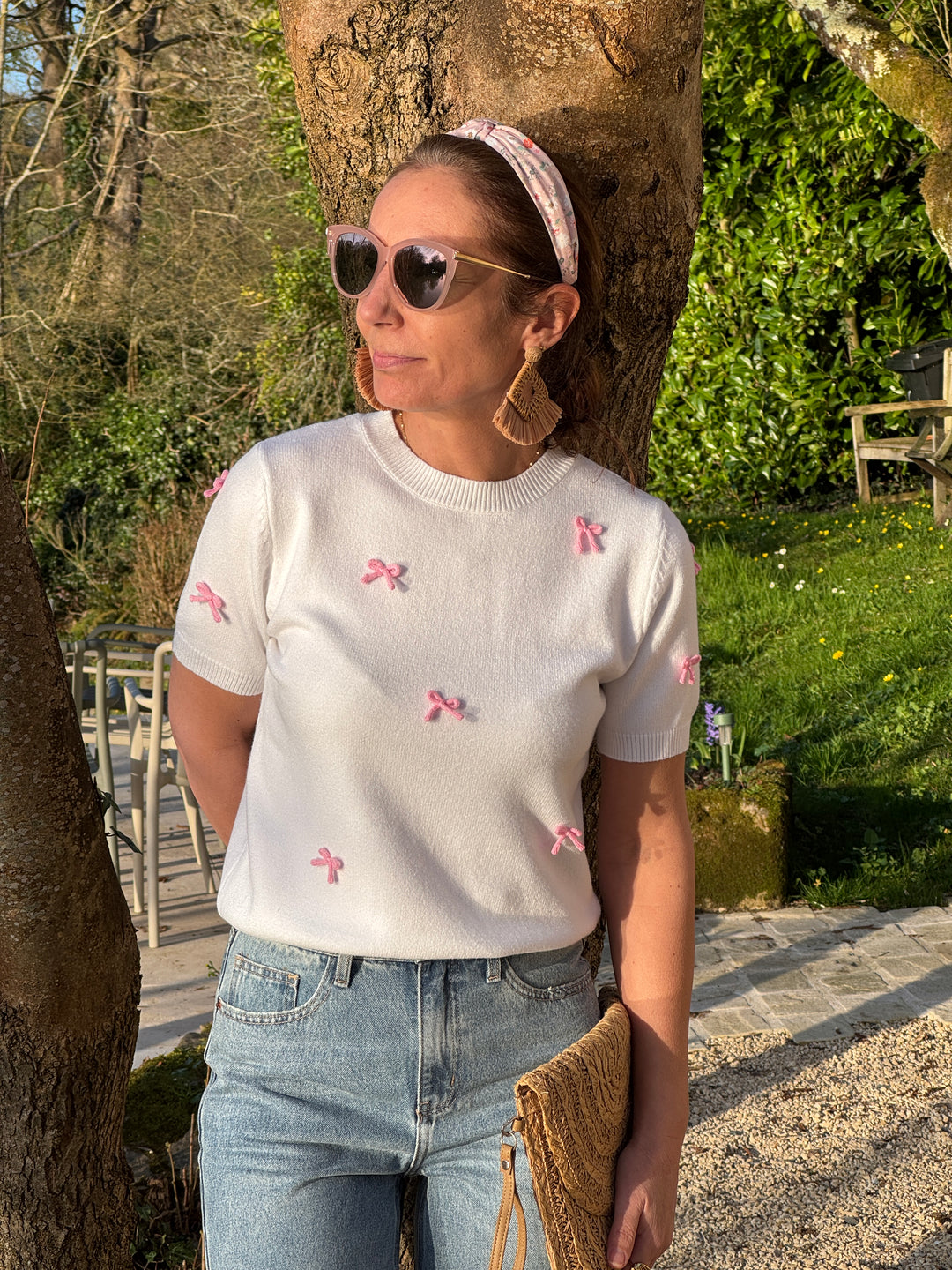 Weißer Kurzarmpullover mit rosa Schleife OTTAVIA