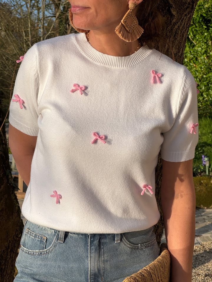 Weißer Kurzarmpullover mit rosa Schleife OTTAVIA