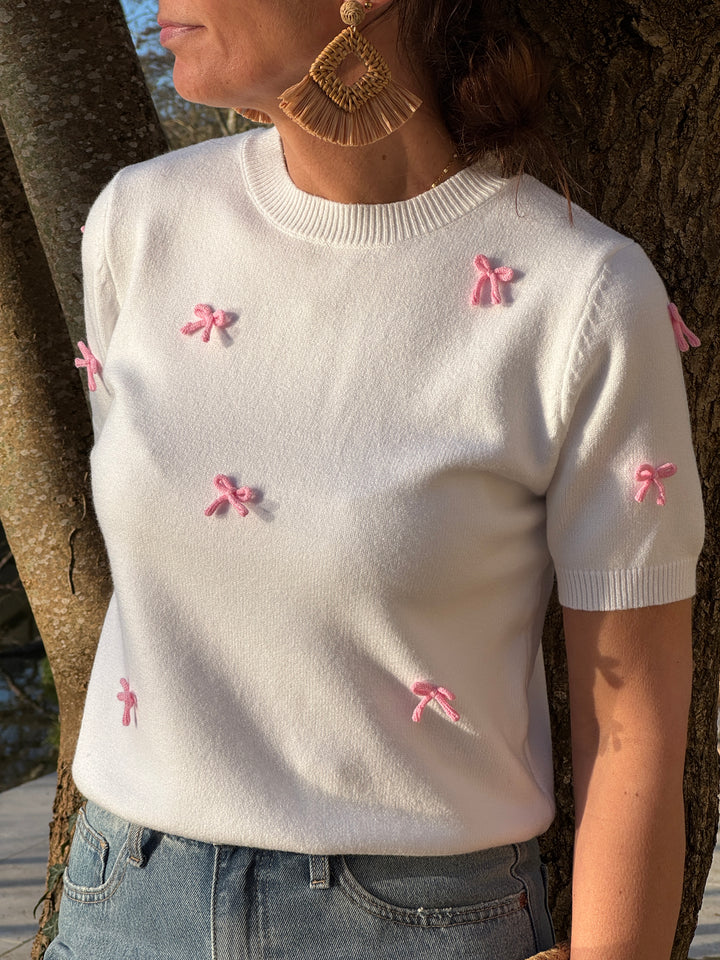 Weißer Kurzarmpullover mit rosa Schleife OTTAVIA
