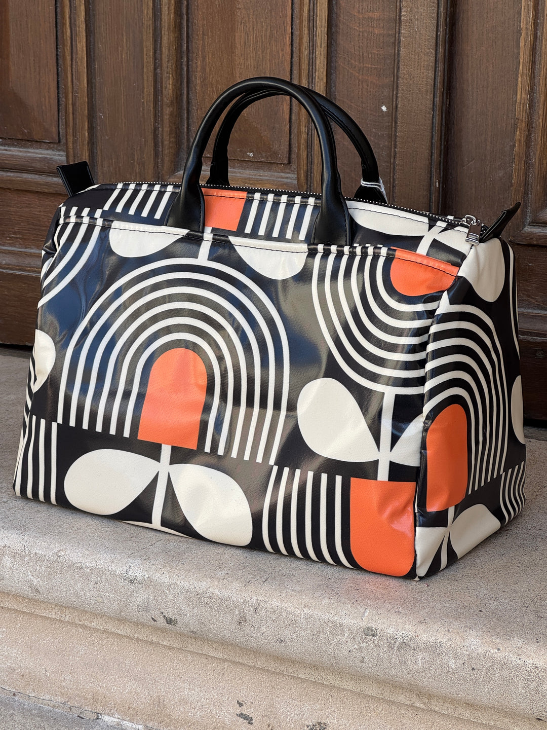 Sac BOWLING enduit n°182 graphique noir, blanc et orange Hippocampe