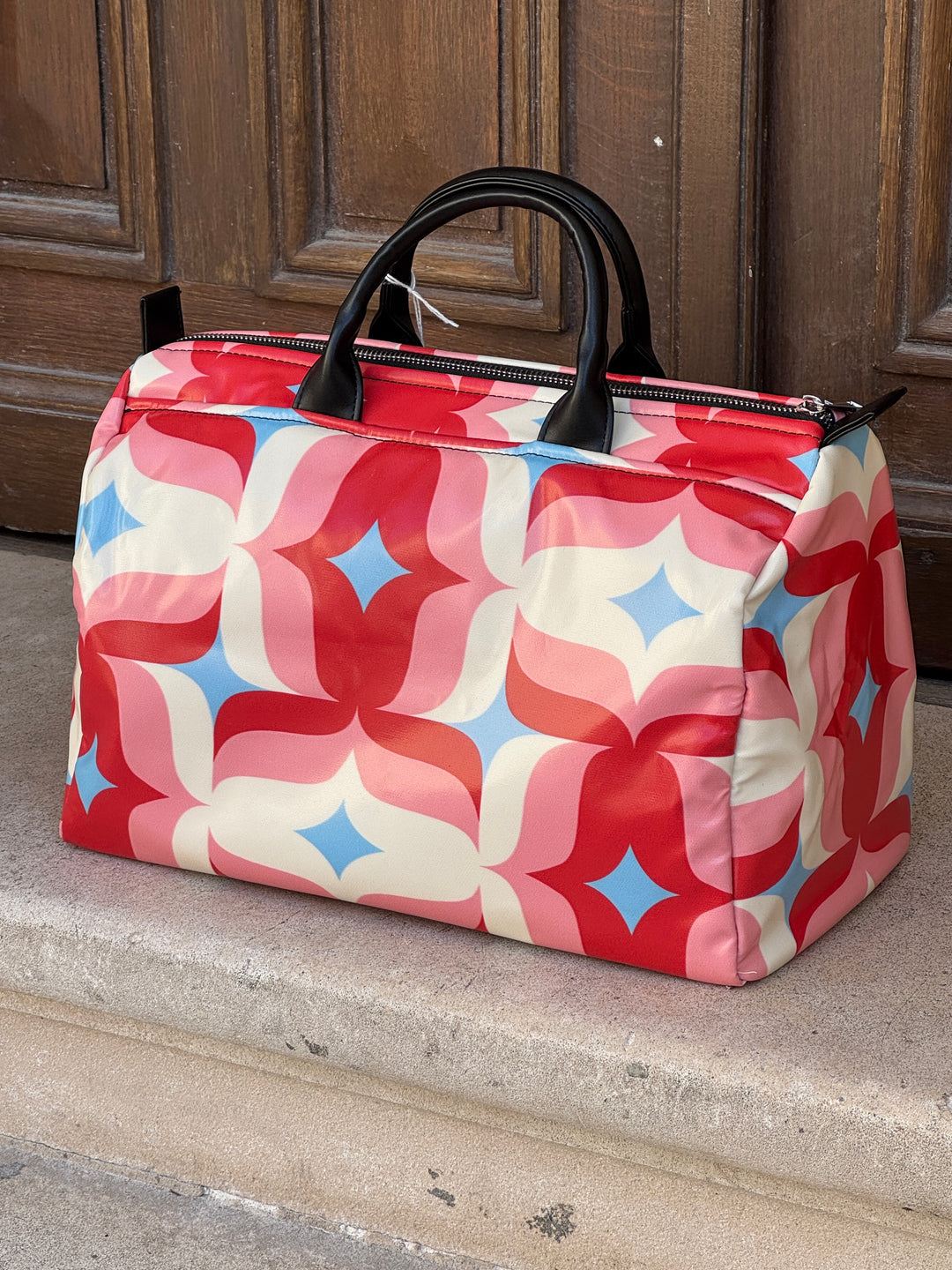 Sac BOWLING enduit n°179 graphique rouge, rose, bleu ciel et blanc Hippocampe