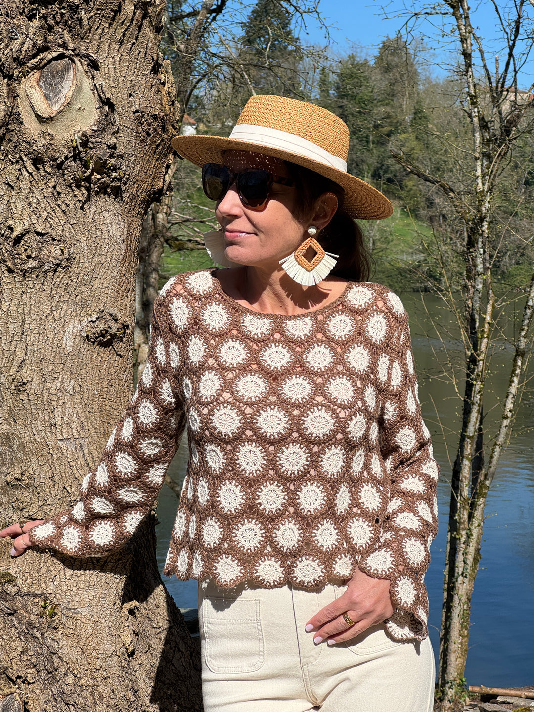 Top café beige tricot ajouré NAELIS