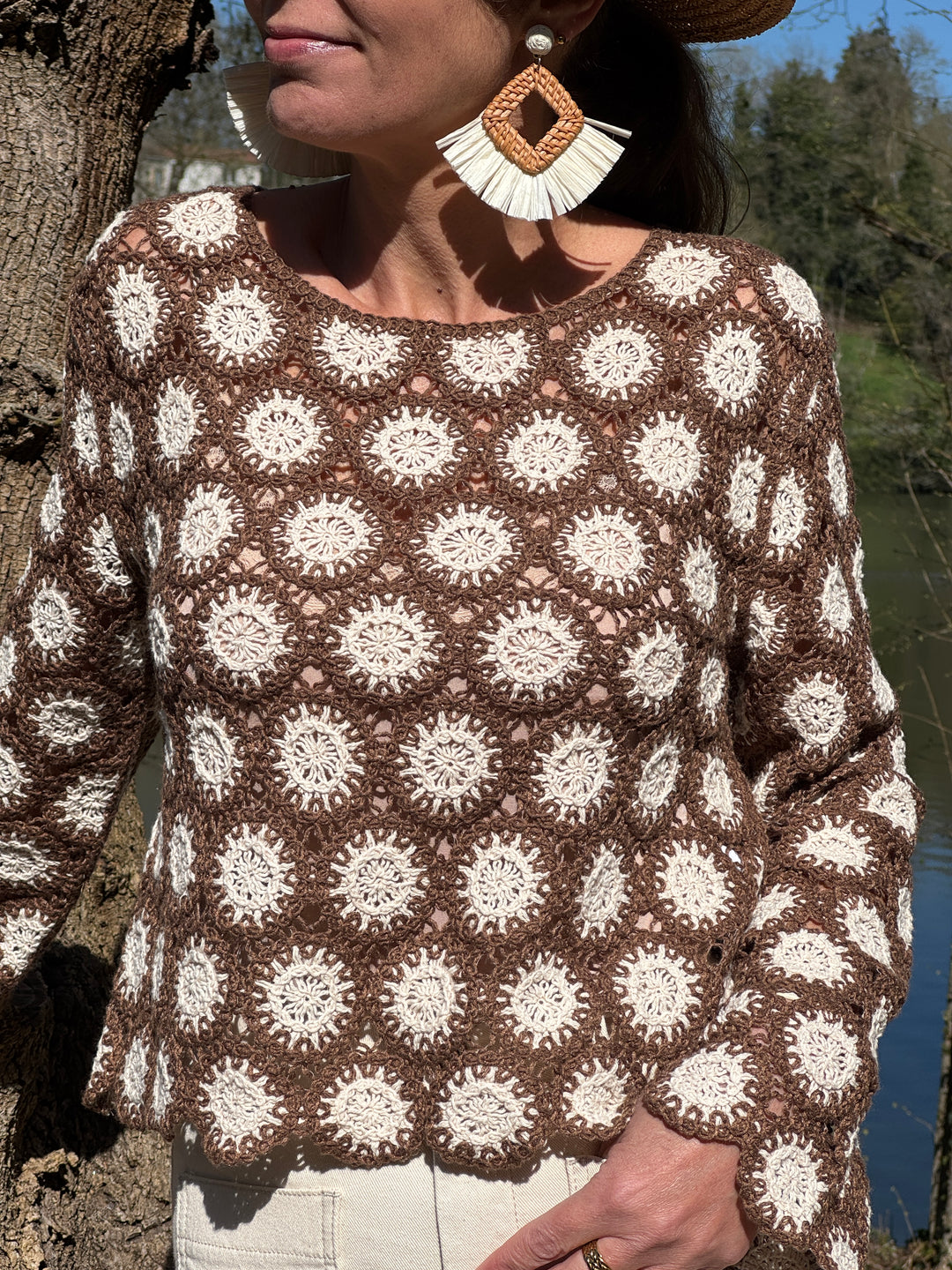 Top café beige tricot ajouré NAELIS