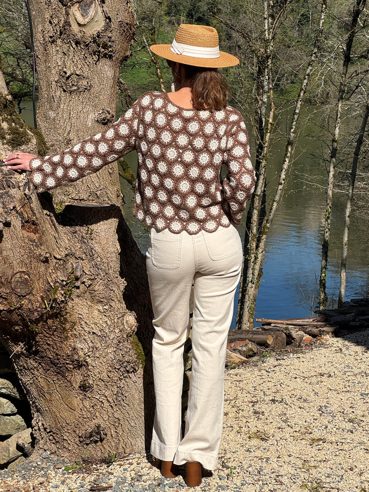 Top café beige tricot ajouré NAELIS