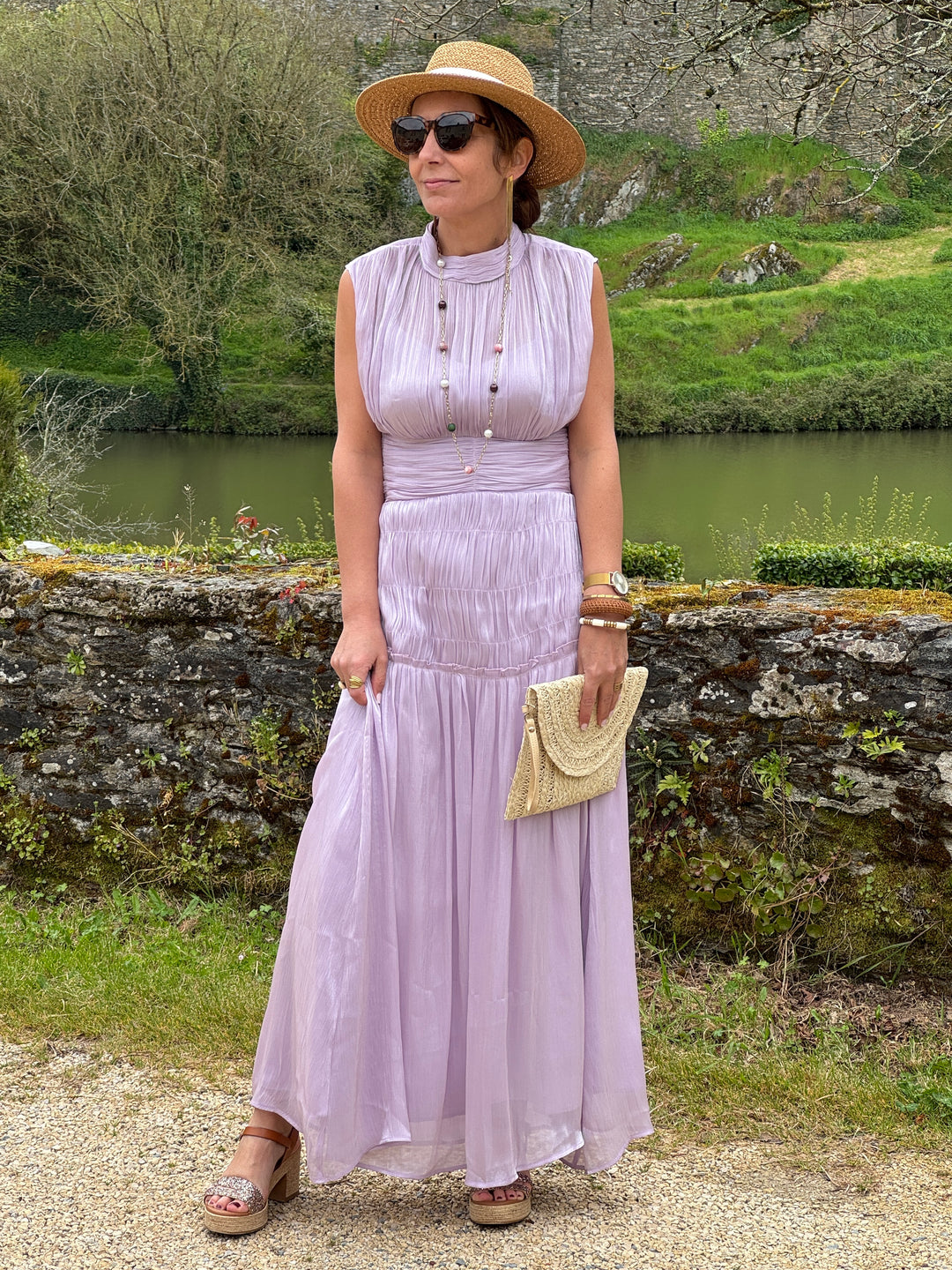 Robe manches américaines longue effet satiné lilas HORTENSE