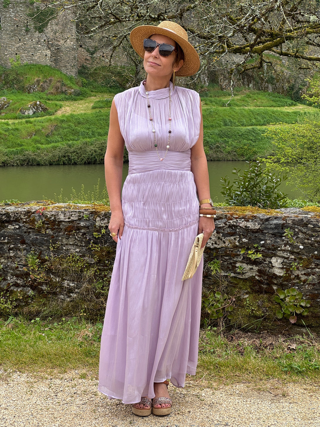 Robe manches américaines longue effet satiné lilas HORTENSE